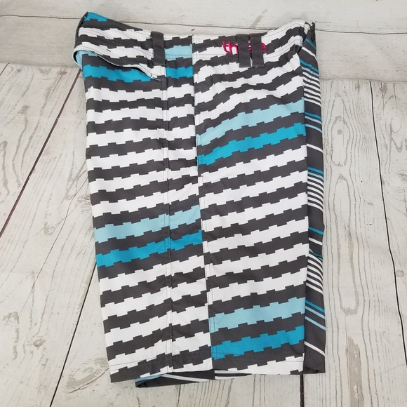 Three by Keith Lidberg Boardshorts Blue Gray Striped Graphic Hybrid Swim Trunks - Picture 4 of 11